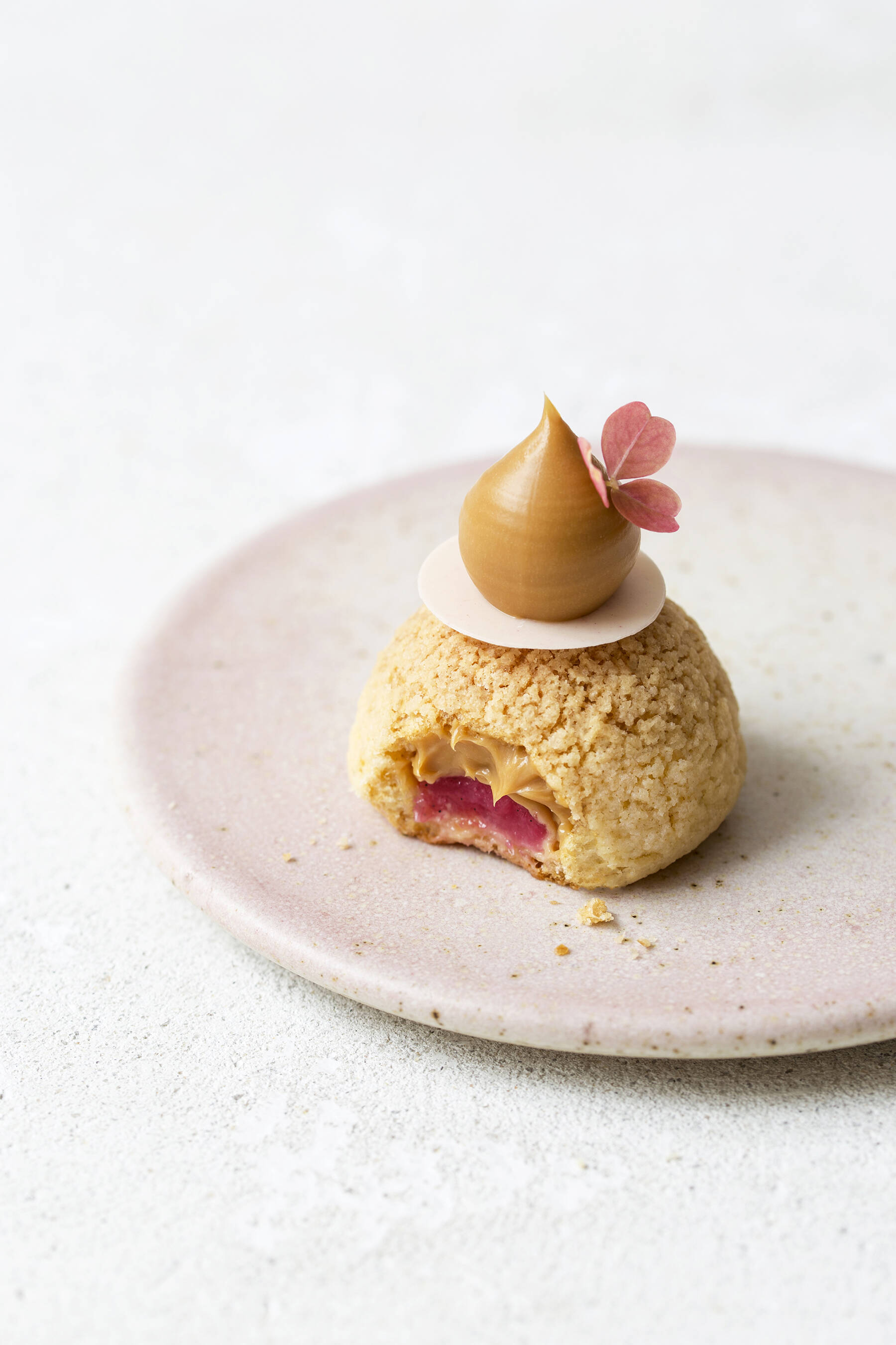 Choux au craquelin with rhubarb and caramelized white chocolate